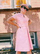 short sleeve knee length pale pink party dress in textured silk peter pan collar vintage 1960's