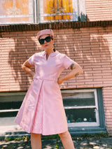 short sleeve knee length pale pink party dress in textured silk peter pan collar vintage 1960's