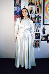 long sleeve long length light blue statin dress gown with lace sleeved and collar vintage 1940's