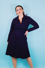Women's vintage 1970's wool fabric made in USA long sleeve knee length dark purple zip up dress with pointy collar and fit and flare silhouette