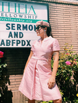 short sleeve knee length pale pink party dress in textured silk peter pan collar vintage 1960's