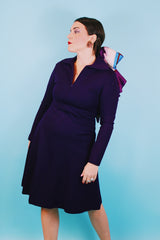 Women's vintage 1970's wool fabric made in USA long sleeve knee length dark purple zip up dress with pointy collar and fit and flare silhouette