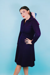 Women's vintage 1970's wool fabric made in USA long sleeve knee length dark purple zip up dress with pointy collar and fit and flare silhouette