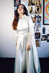 long sleeve long length light blue statin dress gown with lace sleeved and collar vintage 1940's