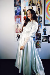 long sleeve long length light blue statin dress gown with lace sleeved and collar vintage 1940's