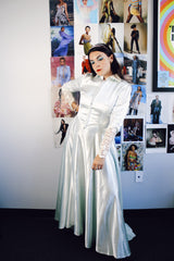 long sleeve long length light blue statin dress gown with lace sleeved and collar vintage 1940's