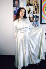 long sleeve long length light blue statin dress gown with lace sleeved and collar vintage 1940's