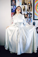 long sleeve long length light blue statin dress gown with lace sleeved and collar vintage 1940's