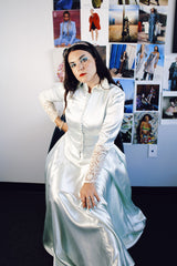 long sleeve long length light blue statin dress gown with lace sleeved and collar vintage 1940's