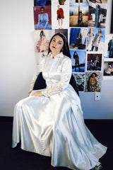 long sleeve long length light blue statin dress gown with lace sleeved and collar vintage 1940's