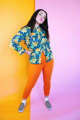 long sleeve button up blouse with collar in blue orange and yellow floral print vintage 1970's