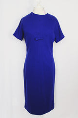 Women's vintage 1960's Elaine Terry California label short sleeve cobalt blue wool midi length dress.