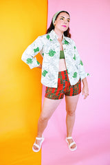 red printed 1960's men's vintage swim trunk shorts in cotton material