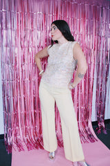 sleeveless cream wool blouse top with all over sequins vintage 1960's