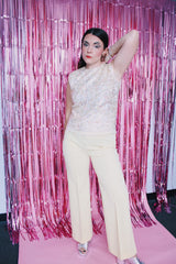 sleeveless cream wool blouse top with all over sequins vintage 1960's