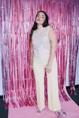 sleeveless cream wool blouse top with all over sequins vintage 1960's