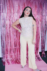 sleeveless cream wool blouse top with all over sequins vintage 1960's