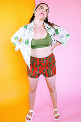 red printed 1960's men's vintage swim trunk shorts in cotton material