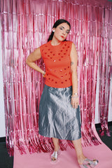 sleeveless acrylic coral orange top with all over sequins with matching pencil skirt vintage 1960's