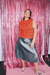 sleeveless acrylic coral orange top with all over sequins with matching pencil skirt vintage 1960's