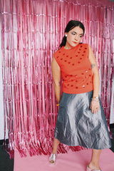 sleeveless acrylic coral orange top with all over sequins with matching pencil skirt vintage 1960's