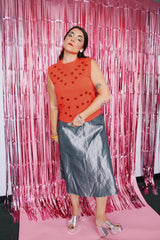 sleeveless acrylic coral orange top with all over sequins with matching pencil skirt vintage 1960's