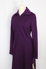 Women's vintage 1970's wool fabric made in USA long sleeve knee length dark purple zip up dress with pointy collar and fit and flare silhouette
