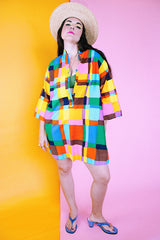3/4 arm length short tunic dress or long shirt in cotton material and rainbow colored block print vintage 1970's