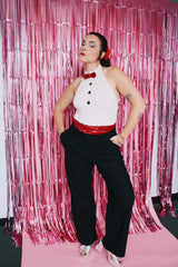 halter neck bodysuit with all over sequins that looks like a tuxedo vintage 1970's
