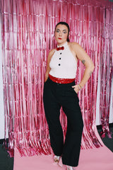 halter neck bodysuit with all over sequins that looks like a tuxedo vintage 1970's