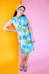 sleeveless vintage 1960's shift dress blue abstract print knee length linen