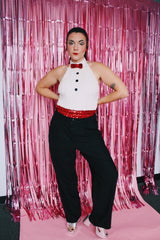 halter neck bodysuit with all over sequins that looks like a tuxedo vintage 1970's