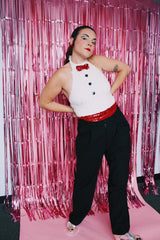 halter neck bodysuit with all over sequins that looks like a tuxedo vintage 1970's