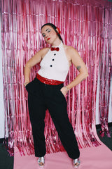 halter neck bodysuit with all over sequins that looks like a tuxedo vintage 1970's