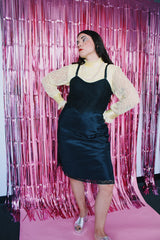 sleeveless lace trim black knee length slip dress vintage 1950's