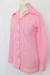 Women's vintage 1970's Laura Made Life Press label long sleeve button up pink shirt with dagger collar.