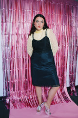 sleeveless lace trim black knee length slip dress vintage 1950's