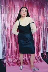 long sleeve yellow lace blouse with mock neck and ribbon trim vintage 1960's