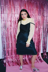 long sleeve yellow lace blouse with mock neck and ribbon trim vintage 1960's