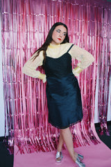 sleeveless lace trim black knee length slip dress vintage 1950's