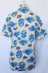 Women's vintage 1970's Montgomery Ward short sleeve button up printed blouse collared blouse. Cream with all over blue print.