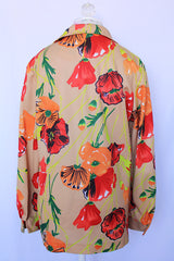 Women's vintage 1970's Mr. Fine, Dallas label long sleeve button up shirt in beige with all over red and orange poppy floral print.