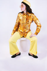 long sleeve printed yellow silky shiny polyester button up collar blouse women's vintatge