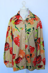 Women's vintage 1970's Mr. Fine, Dallas label long sleeve button up shirt in beige with all over red and orange poppy floral print.