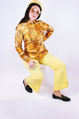long sleeve printed yellow silky shiny polyester button up collar blouse women's vintatge
