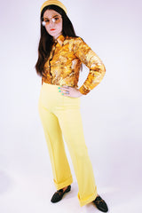vintage yellow polyester pants with flair and front pleat stretch waistband