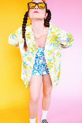 white with green and blue floral printed long sleeve button up blouse with collar vintage 1960's women's