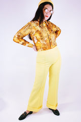 vintage yellow polyester pants with flair and front pleat stretch waistband