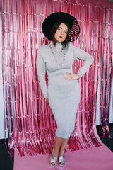 long sleeve mock neck midi length silver metallic grey dress bodycon vintage 1980's