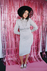 long sleeve mock neck midi length silver metallic grey dress bodycon vintage 1980's